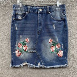 Say What? Skirt Women's Size Medium‎ Blue Denim Floral Print Skirt